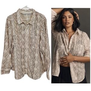 Anthropologie Snake Print Sequins Button Down Blouse Top